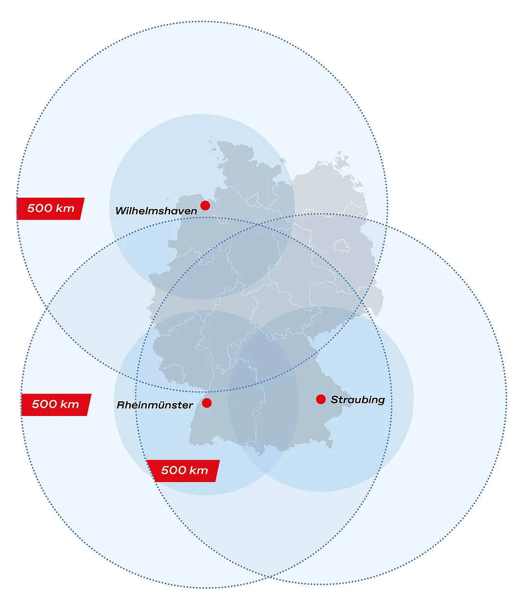 Eine Karte zeigt die drei Werftstandorte der DRF Aviation Services in Rheinmünster, Straubing und Wilhelmshaven.